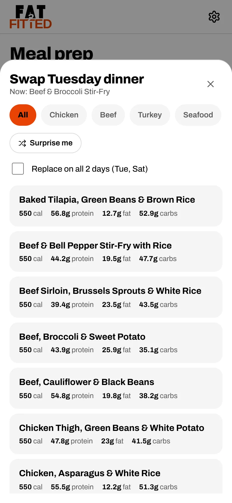 The swap sheet listing alternative dinners with their calories and macros.